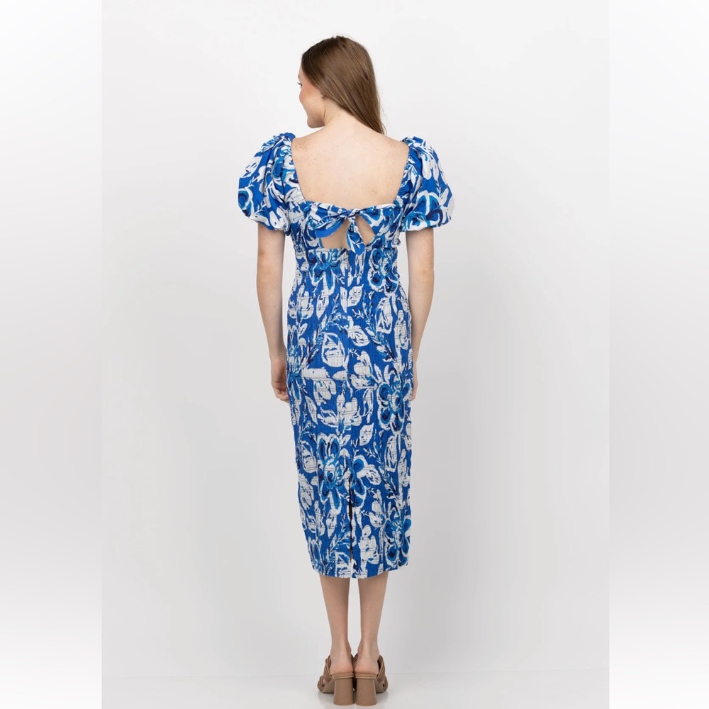 NWT Cleobella Zora Puff Sleeve Midi Dress in Azure Print Blue Size S - Picture 3 of 11